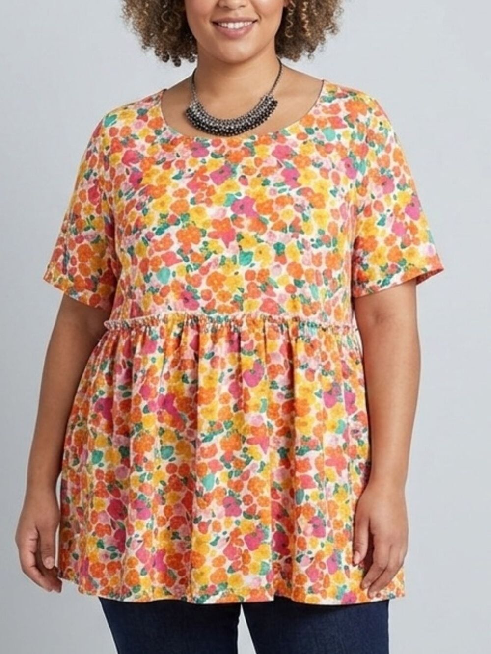 😍CLEARANCE -  SHEIN PLUS Floral Short Sleeve Top Pink Orange Yellow Size 2X